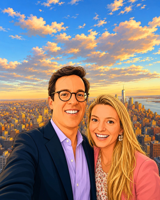 The Fizz Squad — a married couple, smiling in front of a sunset cityscape